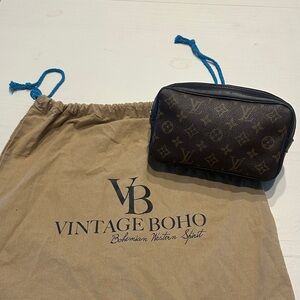 Vintage Boho Louis Vuitton Brown Monogram Canvas and Black Leather Pouch